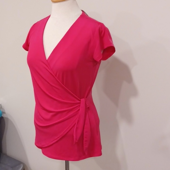 Tahari Barbie Pink Faux Wrap Stretch Top NEW- Sz. Sm - Picture 4 of 6